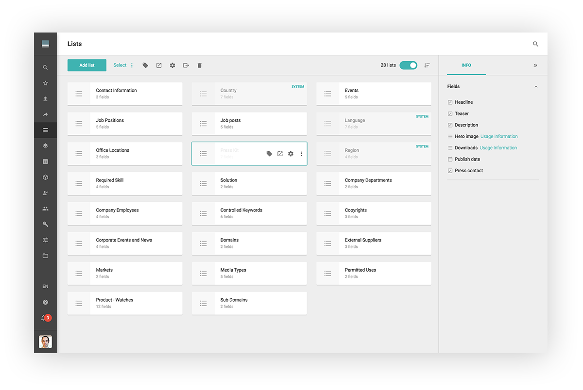 Content architects can use lists, content or files types for defining and capturing master data in the Content Platform