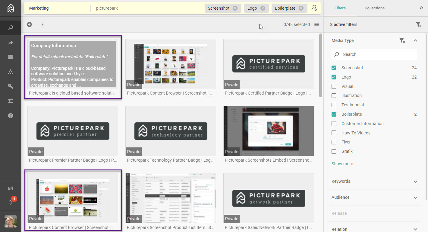 All Marketing material in one system, boilerplate, screenshots, logo and more