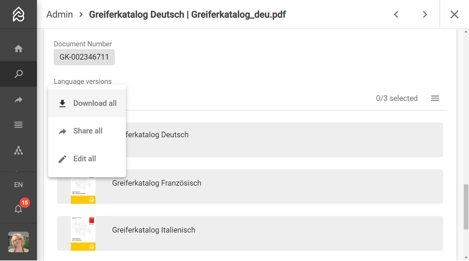 Language versions with technical product brochures, using document master numbers.